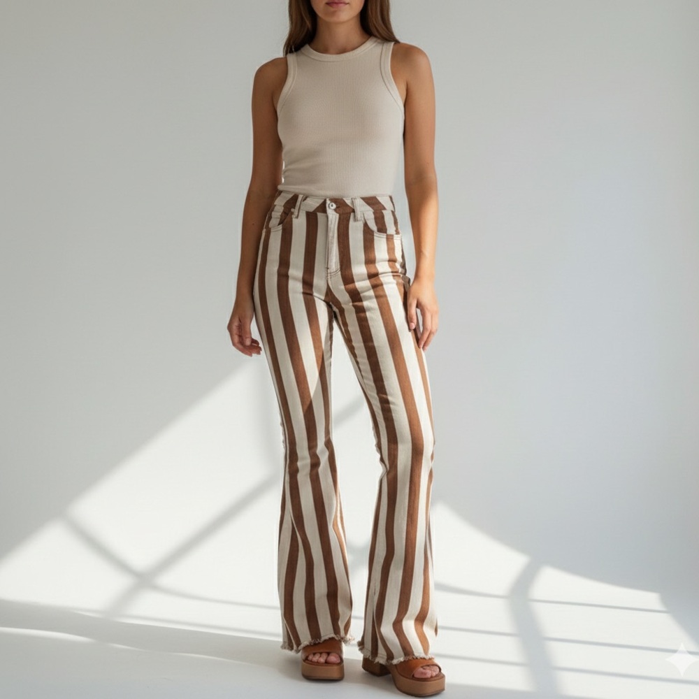 Saints & Hearts Brown & White Striped High-Waisted Bell Bottoms Coastal Cowgirl